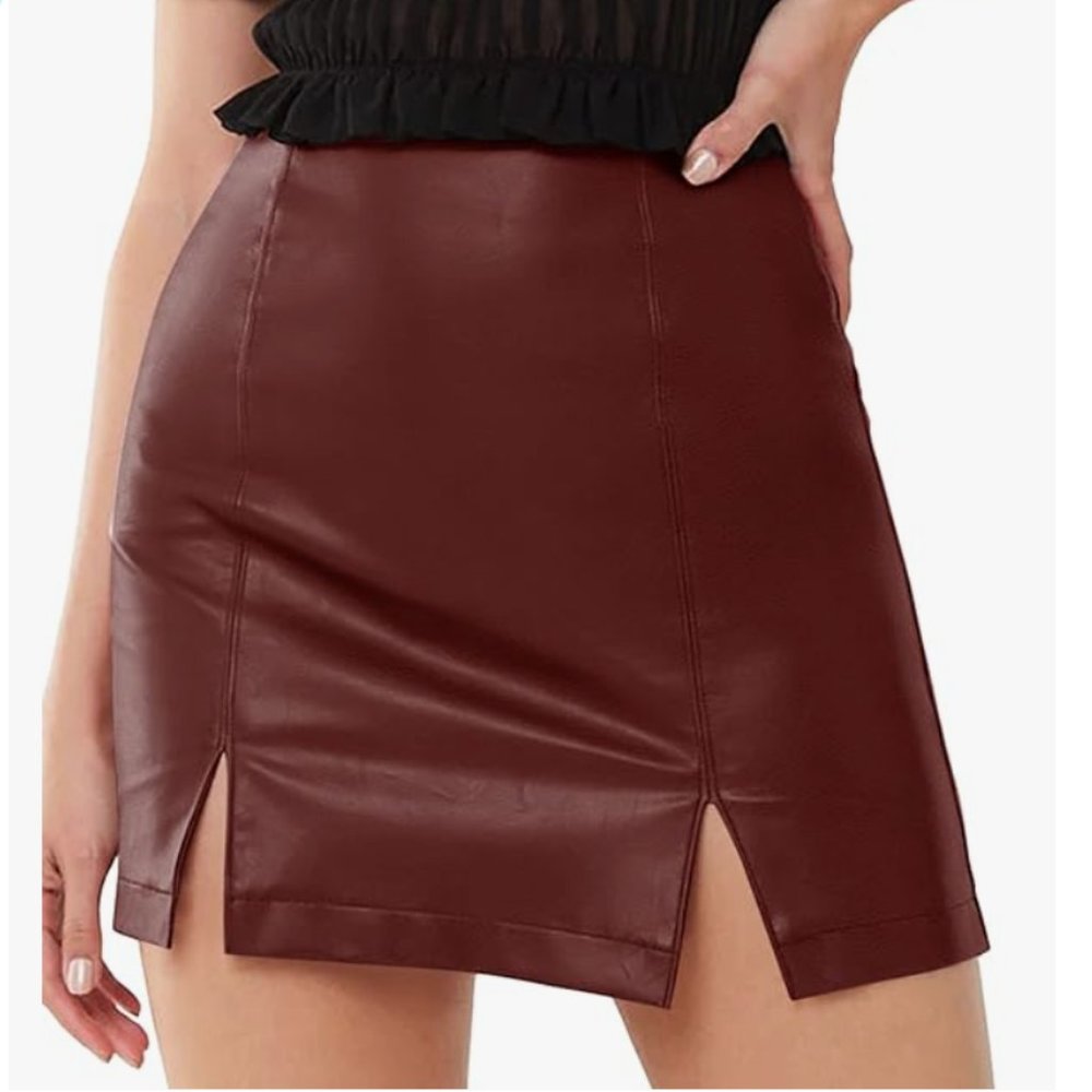 Burgundy High Waist Vegan Leather Patent Mini Pencil Skirt